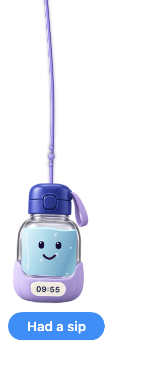 The SipBuddy bottle hanging from a strap on the Mac desktop, smiling, with a countdown to the next sip and a Had a sip button.