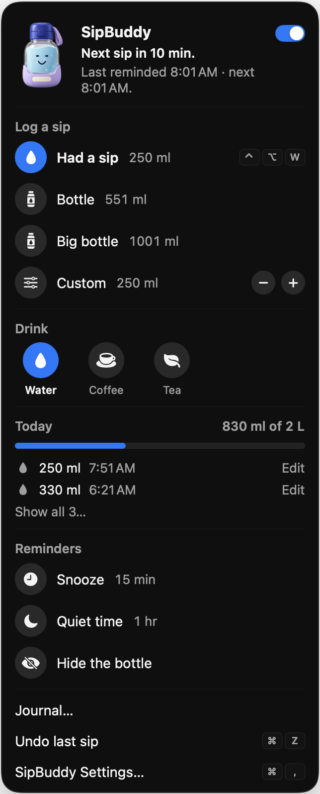 The SipBuddy menu-bar popover: log a sip, pick water, coffee or tea, today's progress, reminders and journal.