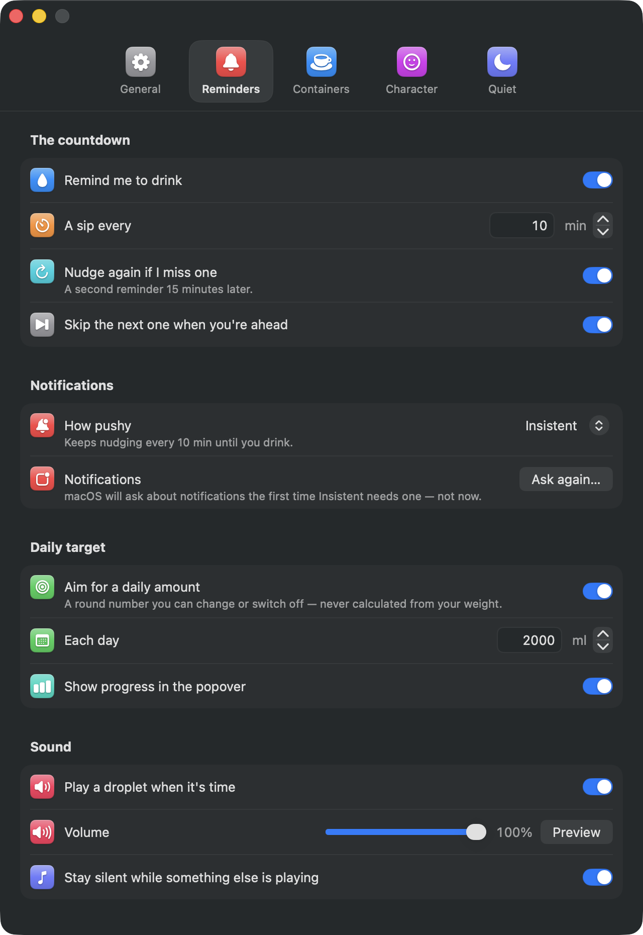 SipBuddy reminder settings: how often to nudge, how pushy, an optional daily target, and sound controls.